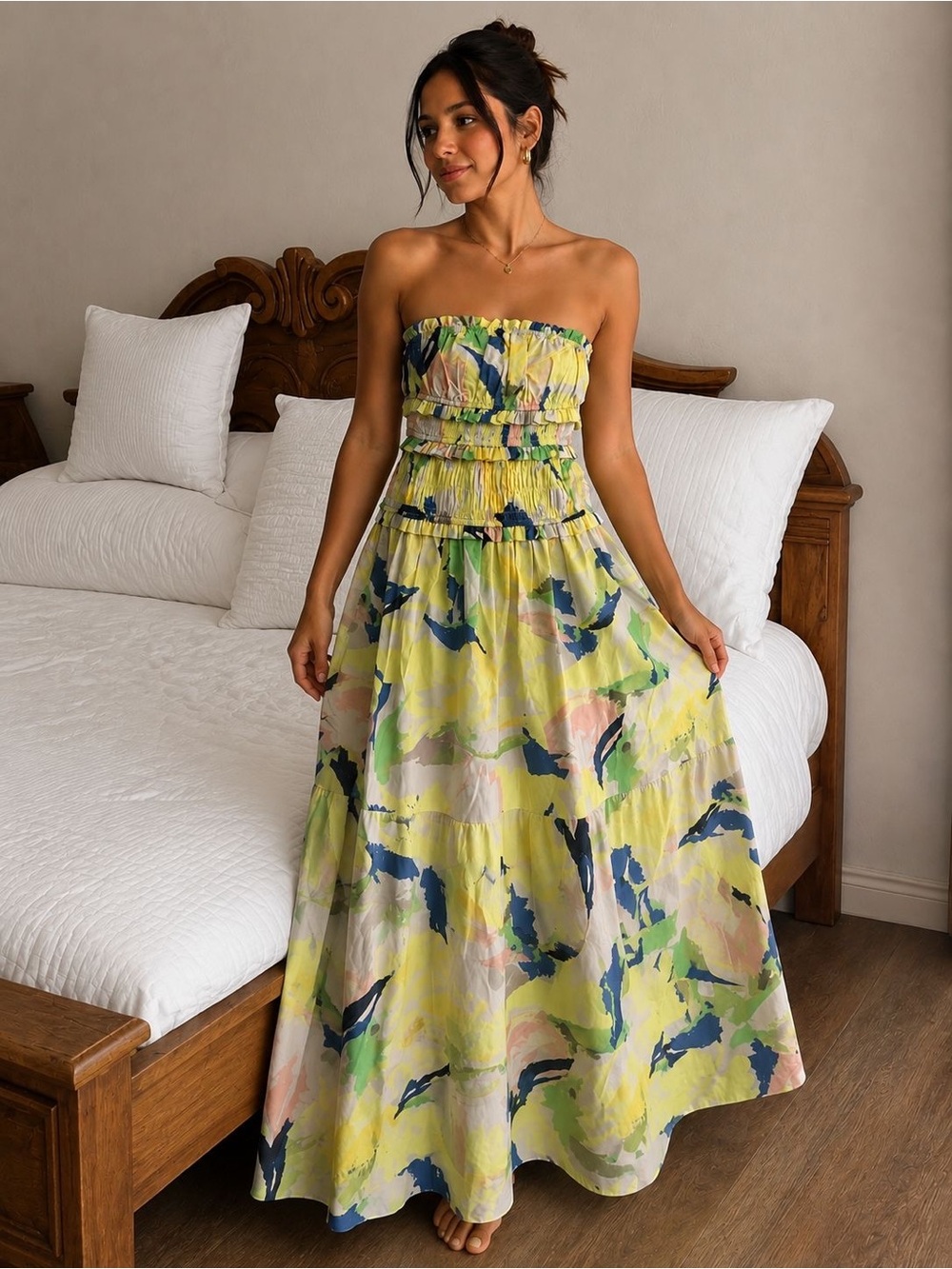 Strapless Yellow Floral Smocked Maxi Dress